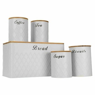 5Pcs Kitchen Storage Tins Canister Set Bamboo Lid Tea Coffee Sugar Bread Bin Jar White
